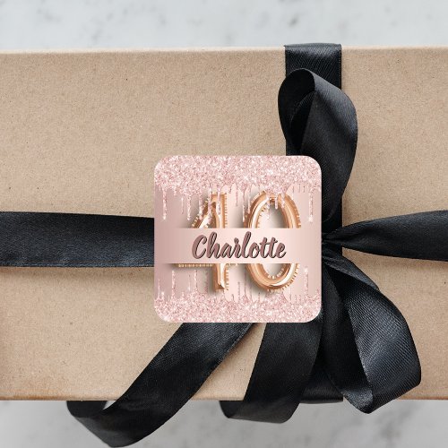 40th birthday rose gold glitter monogram luxury square sticker