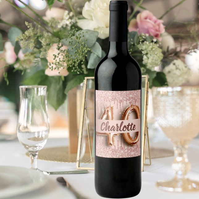 40th birthday rose gold glitter monogram luxury wine label (Creator Uploaded)
