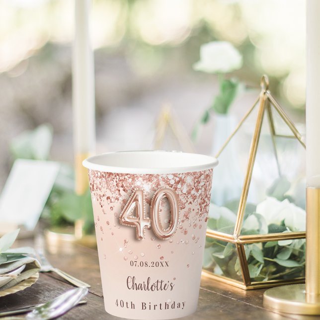 40th birthday rose gold glitter monogram name paper cups (Creator Uploaded)