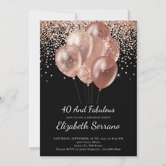 40th Birthday Rose Gold Glitter On Black Invitation (Front)