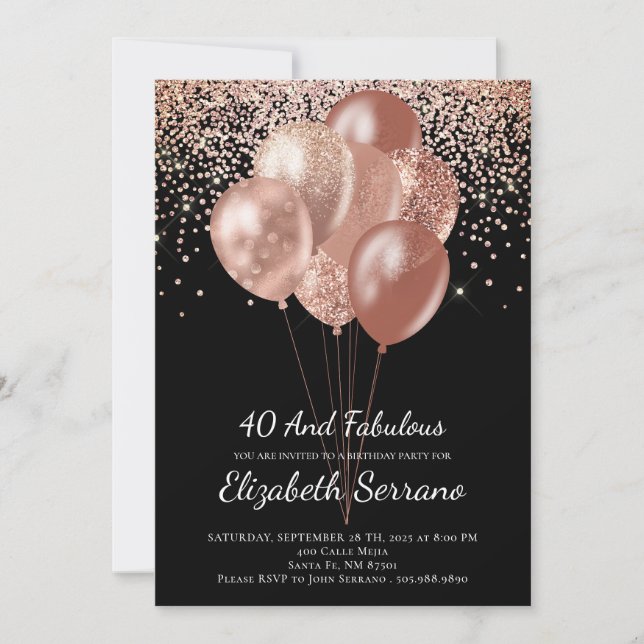 40th Birthday Rose Gold Glitter On Black Invitation (Front)