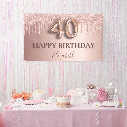 40th birthday rose gold glitter pink balloon style banner
