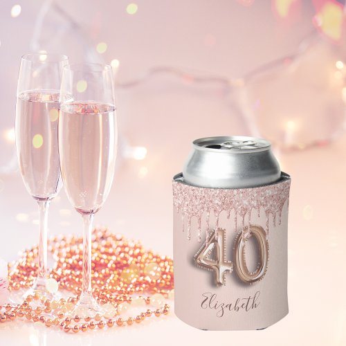 40th birthday rose gold glitter pink balloon style can cooler