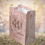 40th birthday rose gold glitter pink balloon style medium gift bag<br><div class="desc">Elegant, classic, glamorous and girly for a 40th birthday party. Rose gold and blush pink, gradient background. Decorated with rose gold, pink faux glitter drips, paint dripping look. Personalize and add a name. With the text: Happy Birthday. The name is written with a modern dark rose colored hand lettered style...</div>
