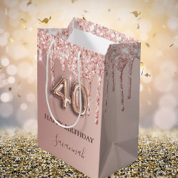 40th birthday rose gold glitter pink balloon style medium gift bag