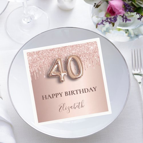 40th birthday rose gold glitter pink balloon style napkins