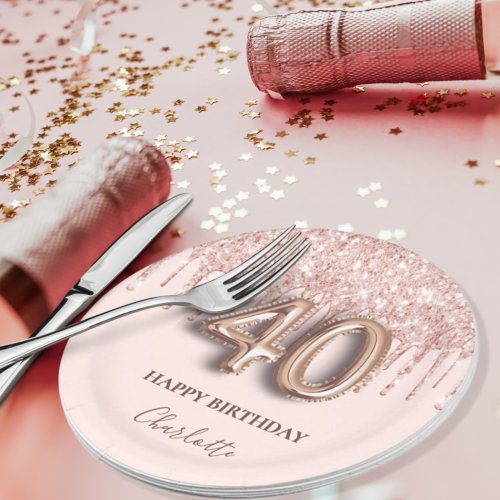 40th birthday rose gold glitter pink balloon style paper plates