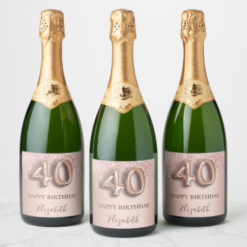 40th birthday rose gold glitter pink balloon style sparkling wine label