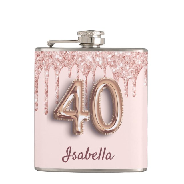 40th birthday rose gold glitter pink friends flask (Front)