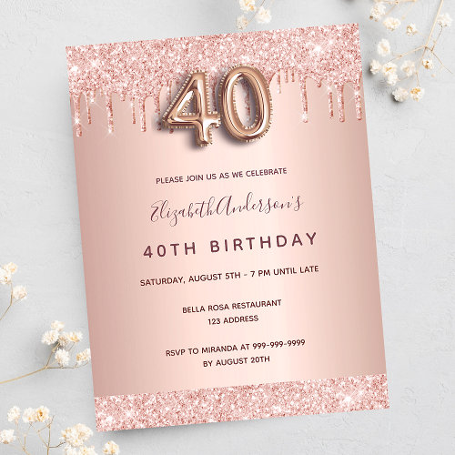 40th birthday rose gold glitter pink invitation