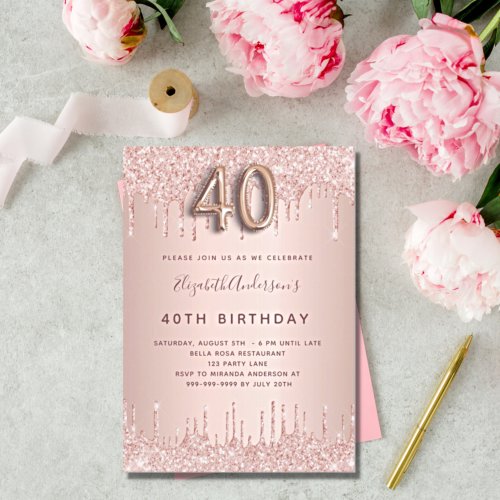 40th Birthday rose gold glitter pink luxury Invitation Postcard