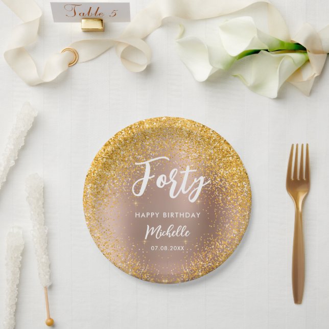 40th Birthday Rose Gold Glitter Sparkle Name Paper Plates (Wedding)