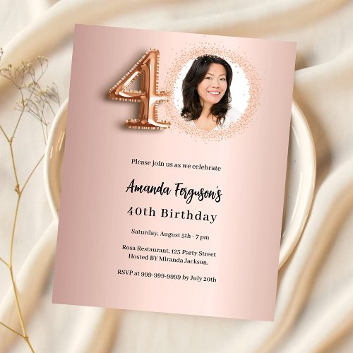 40th Birthday rose gold photo invitation