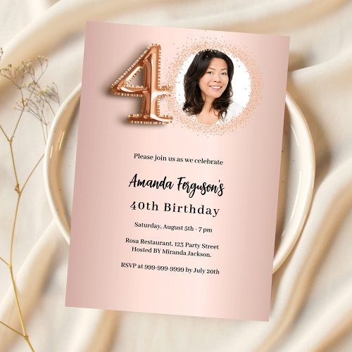 40th Birthday rose gold photo Invitation