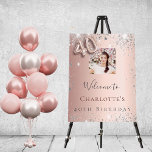 40th birthday rose gold photo silver glitter foam board<br><div class="desc">A welcome board for a girly and glamorous 40th birthday party.  A rose gold faux metallic looking background decorated with faux silver glitter dust.   Personalize and add a photo and name.  Number 40 is written with a balloon style font.
Back: no design</div>