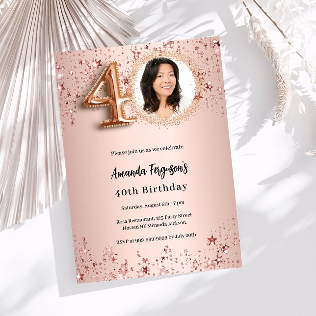 40th Birthday rose gold photo stars Invitation (Creator Uploaded)