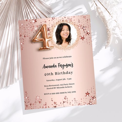 40th Birthday rose gold photo stars invitation