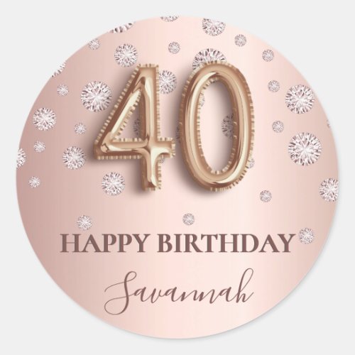 40th birthday rose gold pink diamonds balloon font classic round sticker