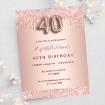40th birthday rose gold pink drips invitation postcard<br><div class="desc">A modern,  stylish and glamorous invitation for a 40th birthday party.  A rose background with drips,  paint dripping look. The name is written with a modern dark rose gold colored hand lettered style script.  Personalize and add your party details.  Number 40 is written with a balloon style font,  script.</div>