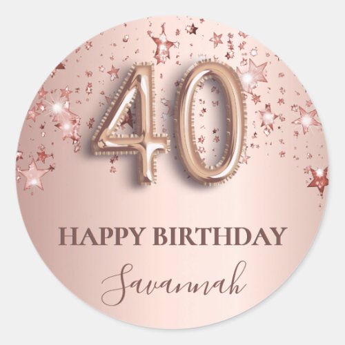 40th birthday rose gold pink stars balloon font classic round sticker