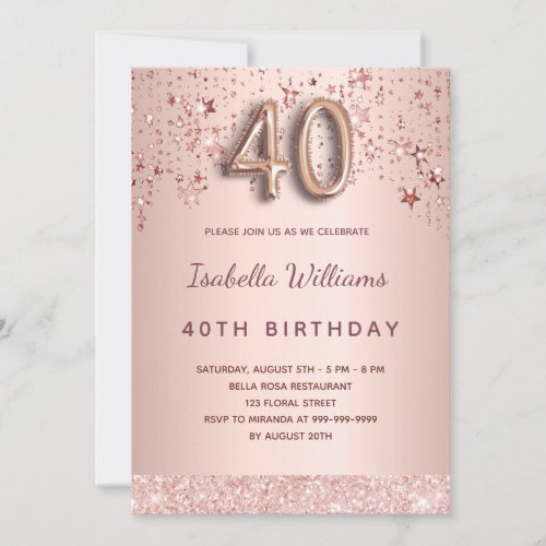 40th birthday rose gold pink stars balloon script invitation