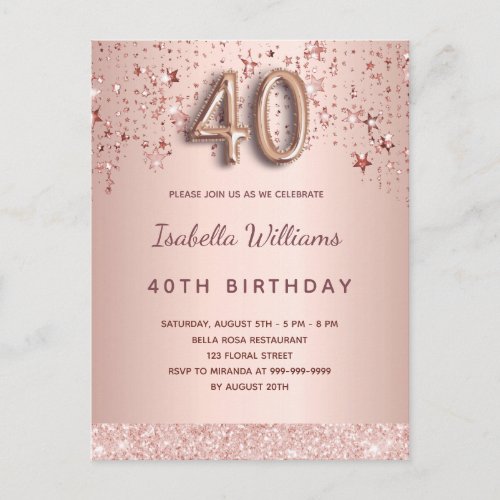 40th birthday rose gold pink stars balloon script postcard