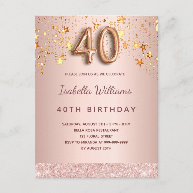 40th birthday rose gold pink stars balloon script postcard (Front)