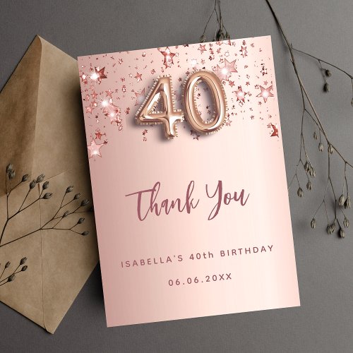 40th birthday rose gold stars thank you card