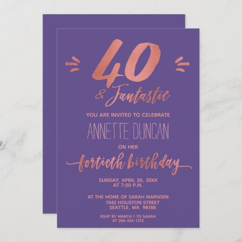 40th Birthday Rose Gold Violet Trendy Party Invitation