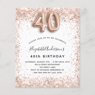 40th birthday rose gold white budget invitation flyer