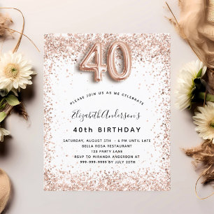 40th birthday rose gold white invitation