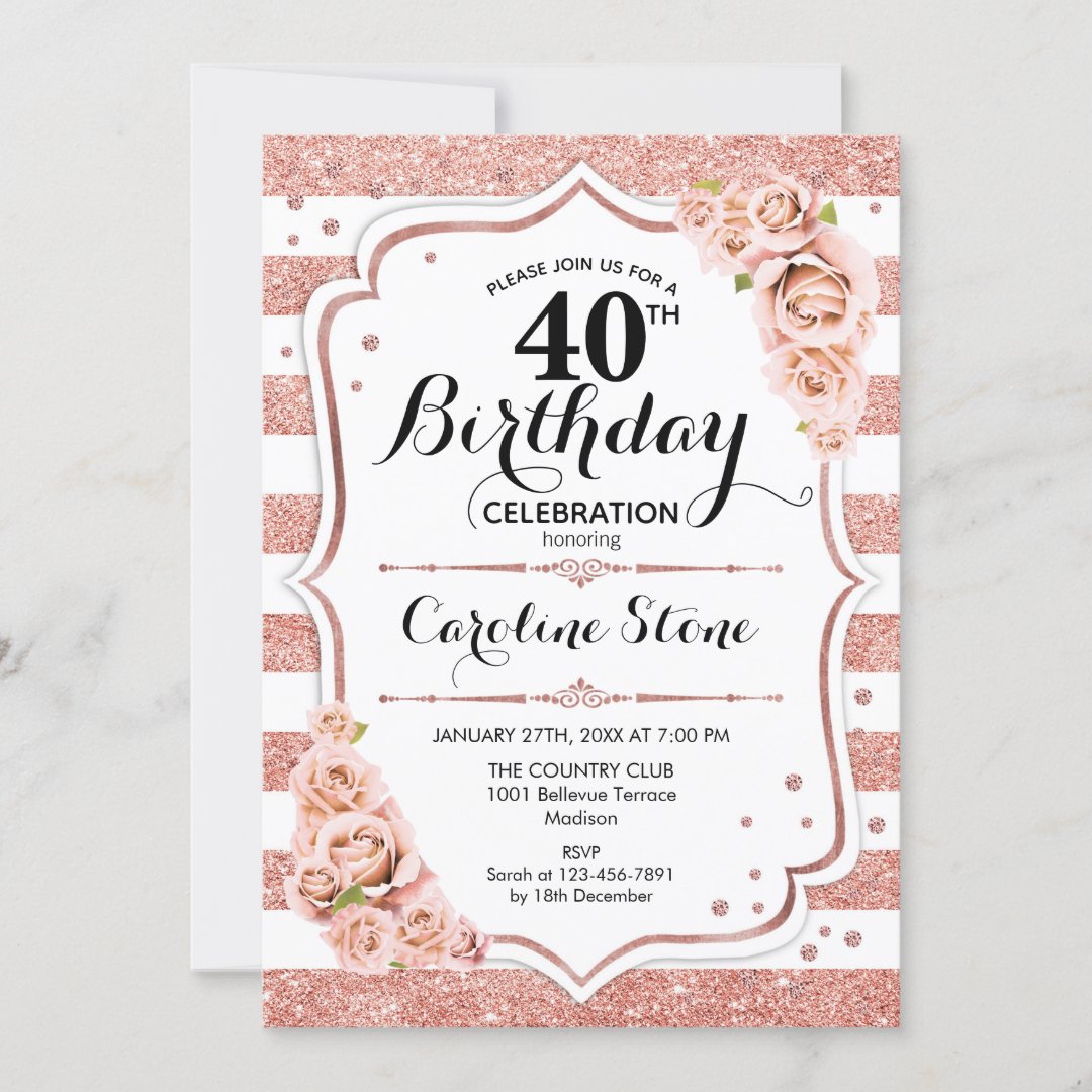 40th Birthday - Rose Gold White Stripes Invitation | Zazzle