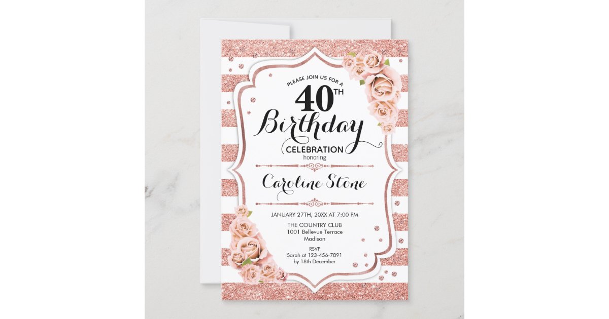 40th Birthday - Rose Gold White Stripes Invitation | Zazzle