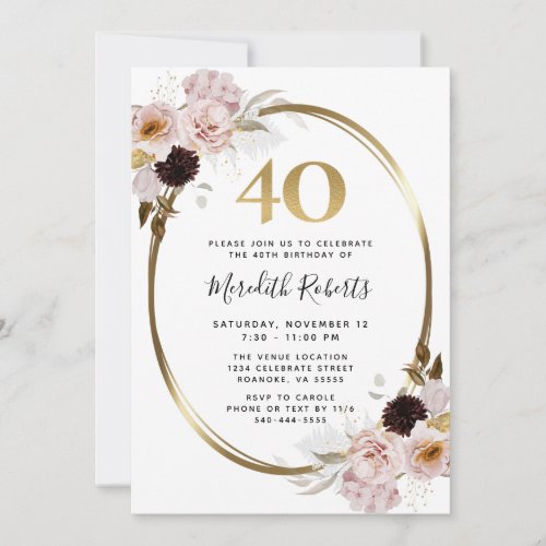 40th Birthday Roses Gold Metallic Floral Party Invitation