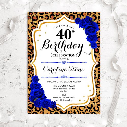 40th Birthday _ Royal Blue Gold Leopard Print Invitation