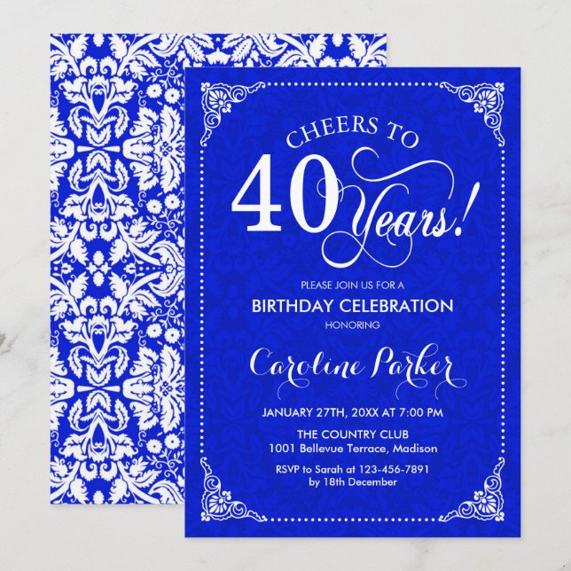 40th Birthday - Royal Blue White Damask Invitation (Front/Back)