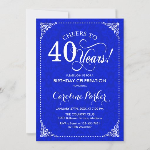 40th Birthday - Royal Blue White Damask Invitation | Zazzle