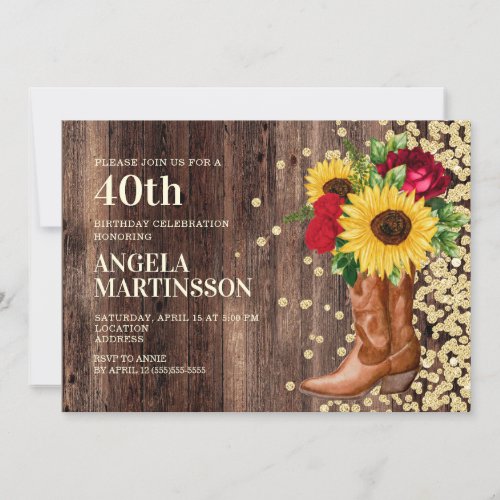 40th Birthday Rustic Boots Sunflower Red Roses Invitation