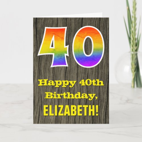 40th Birthday Rustic Faux Wood Look Rainbow 40 Card
