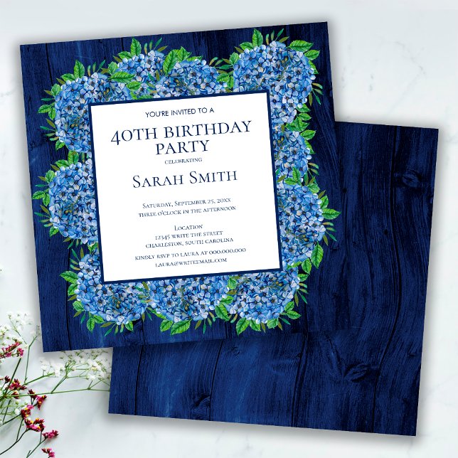 40th Birthday Rustic Wood Blue Hydrangeas Party Invitation (Creator Uploaded)