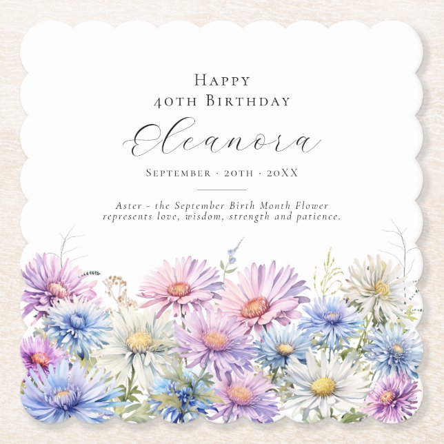 40th Birthday September Birth Flower Custom Paper Coaster (Front)