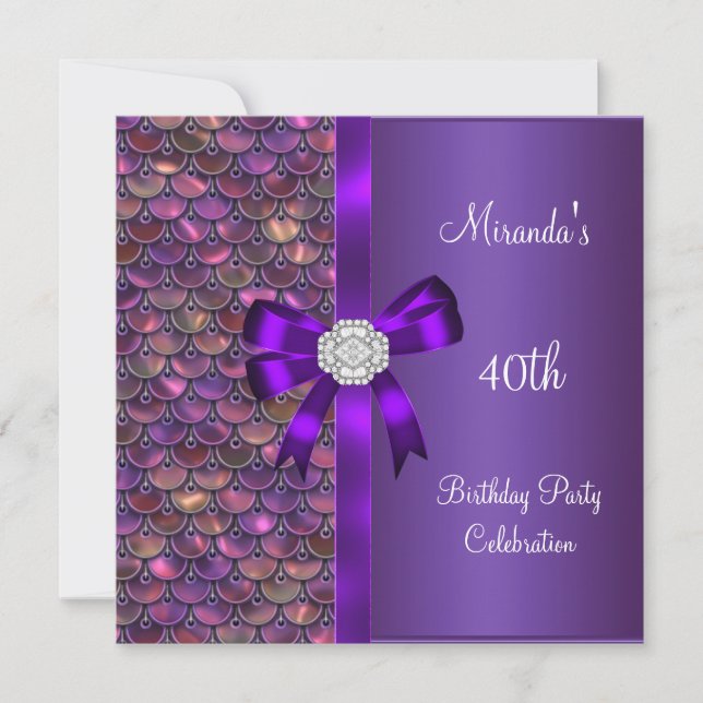 40th Birthday Sequins Pink Purple Diamond Bow Invitation (Front)