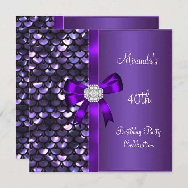 40th Birthday Sequins Purple Diamond Bow Invitation (Front/Back)