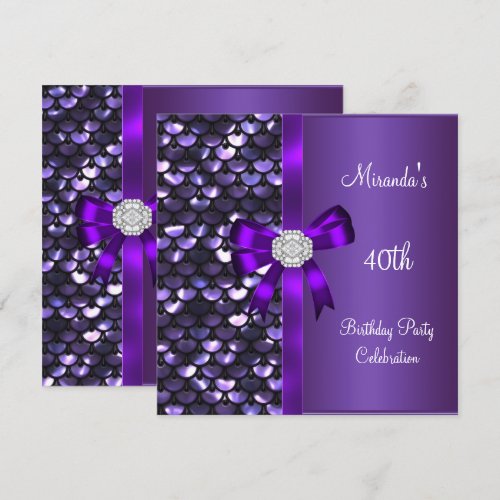 40th Birthday Sequins Purple Diamond Bow Personalized Invitation