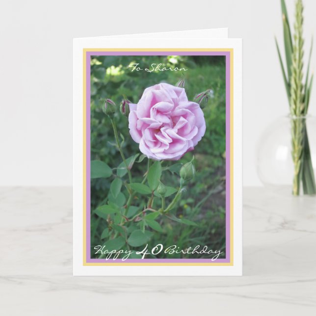 40th Birthday Sharon Pink Rose Elegant Gold Frame Card (Front)