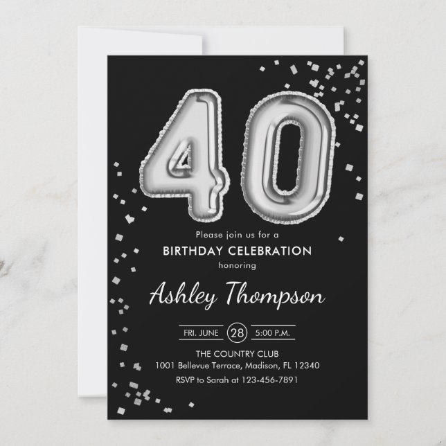 40th Birthday - Silver Balloons Black Invitation (Front)
