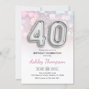 40th Birthday - Silver Balloons Pink Lights Invitation