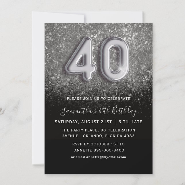 40th Birthday Silver & Black Glitter Party Invitation (Front)