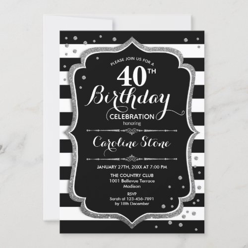 40th Birthday _ Silver Black White Stripes Invitation