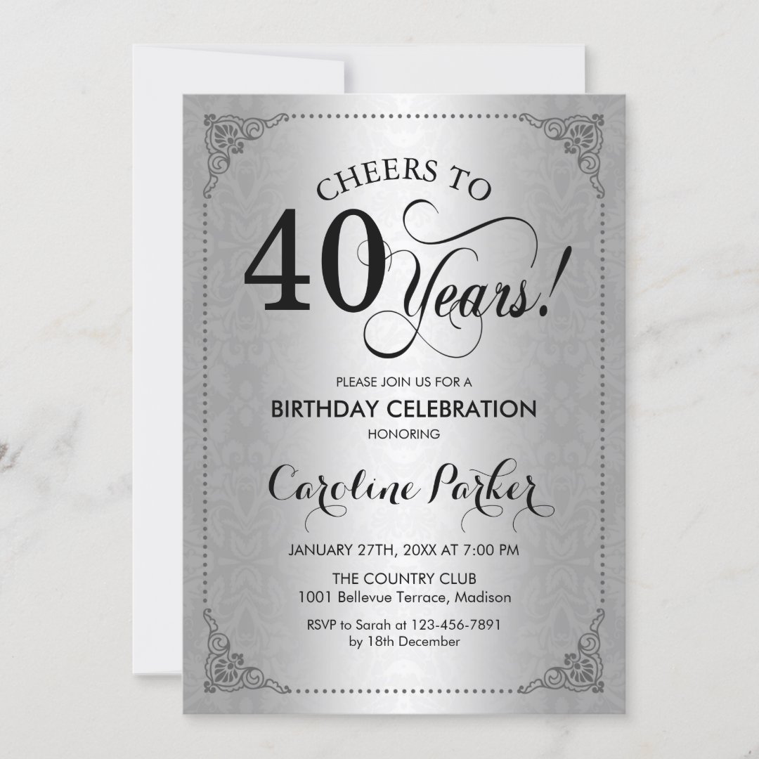 40th Birthday - Silver Damask Invitation | Zazzle